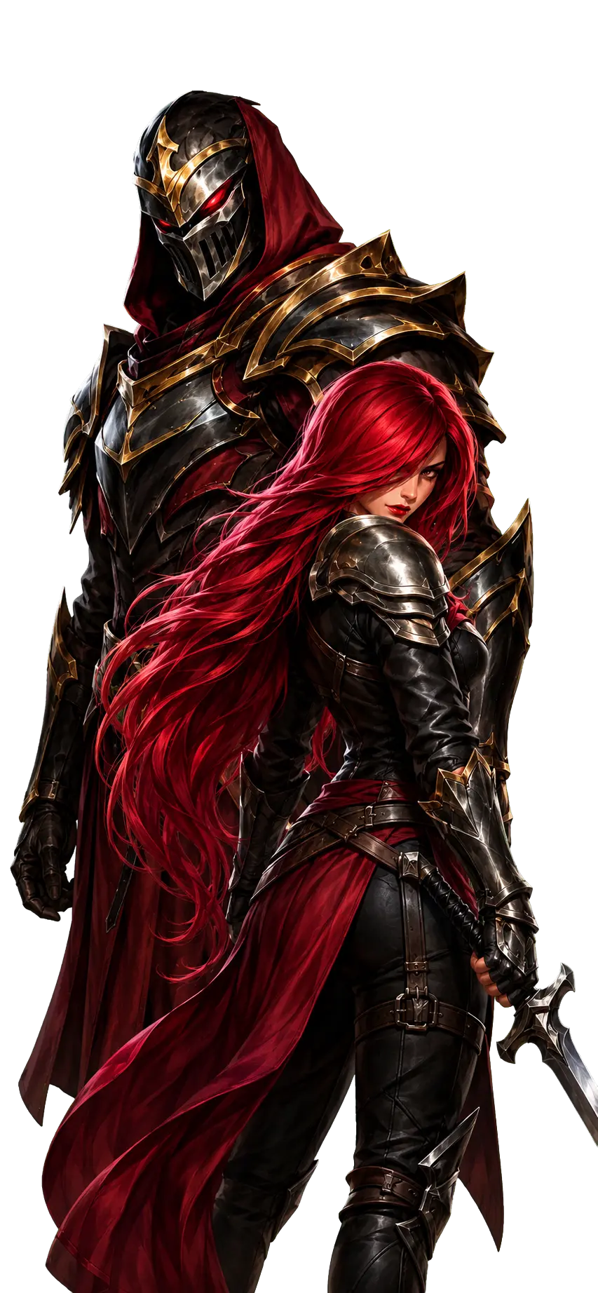 Crimson-haired warrior and masked knight